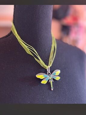 Lime Green Dragonfly Pendant Necklace with Multi-Strand Ribbon